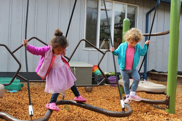 Toddlers playing on climbing structure